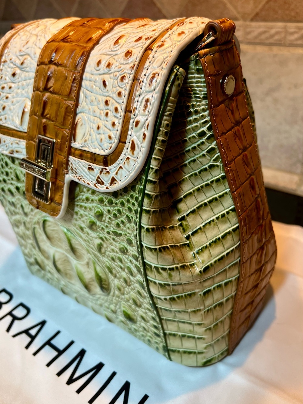 Brahmin Green and White Croc-Embossed Satchel with Gold Hardware - Picture 9 of 13